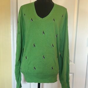 J. McLaughlin Green V-Neck Sweater with Penguin Design